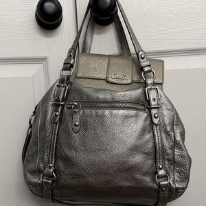 Coach Metallic Silver Shoulder Bag with silver wallet.